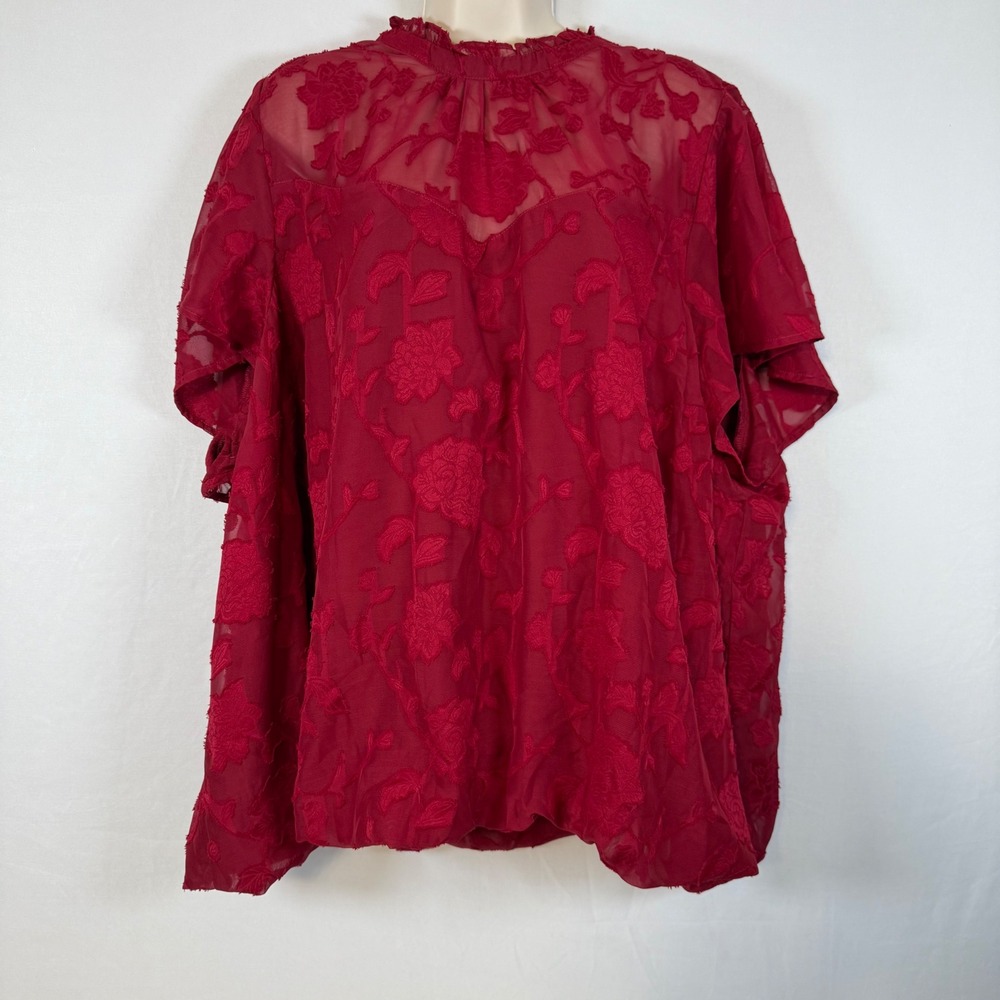 Torrid Red Floral‎ Burnout Mock Neck Blouse Women's Plus Size 4 Sheer Top